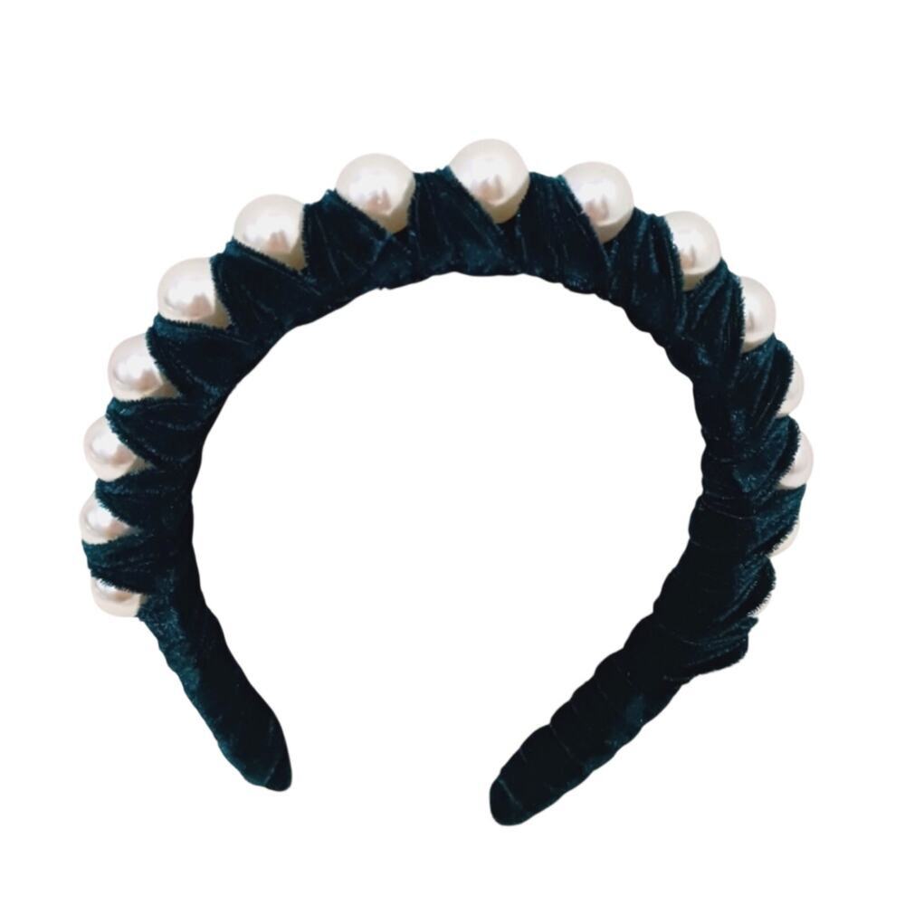 French Headbandโ Velvet Emerald Green Large WHITE PEARLS Luxe Fairy Prom Holiday